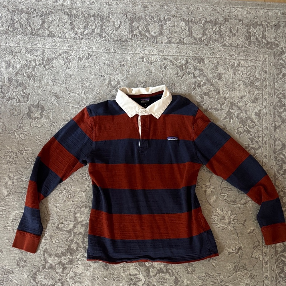 Vintage Patagonia Red and Navy Striped Long Sleeve original Rugby Polo Shirt